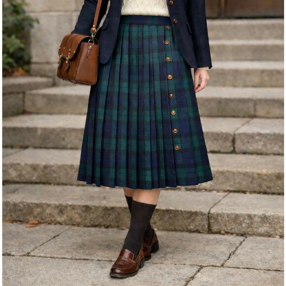 Vintage Dresses & Skirts - Vintage Wool Nightwatch‎ Plaid Pleated Midi Kilt Skirt Academia Preppy Classic M